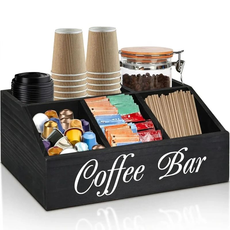 Wooden Coffee Bar Storage Basket – Rustic Farmhouse Counter Organiser