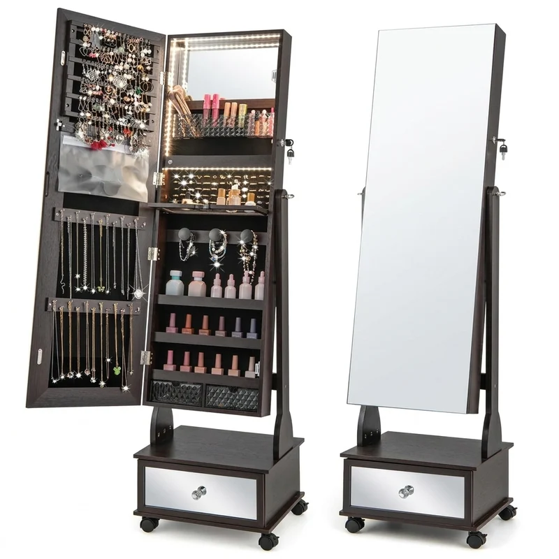Free-standing Jewellery Cabinet — 3‑Colour LED Lights, Lockable, Full‑Length Mirror, Drawers & Wheels