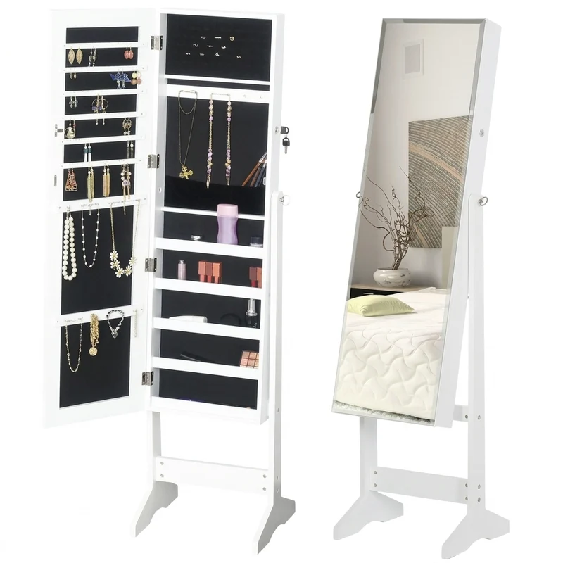Lockable Full-Length Jewellery Cabinet Mirror – Freestanding Armoire, White