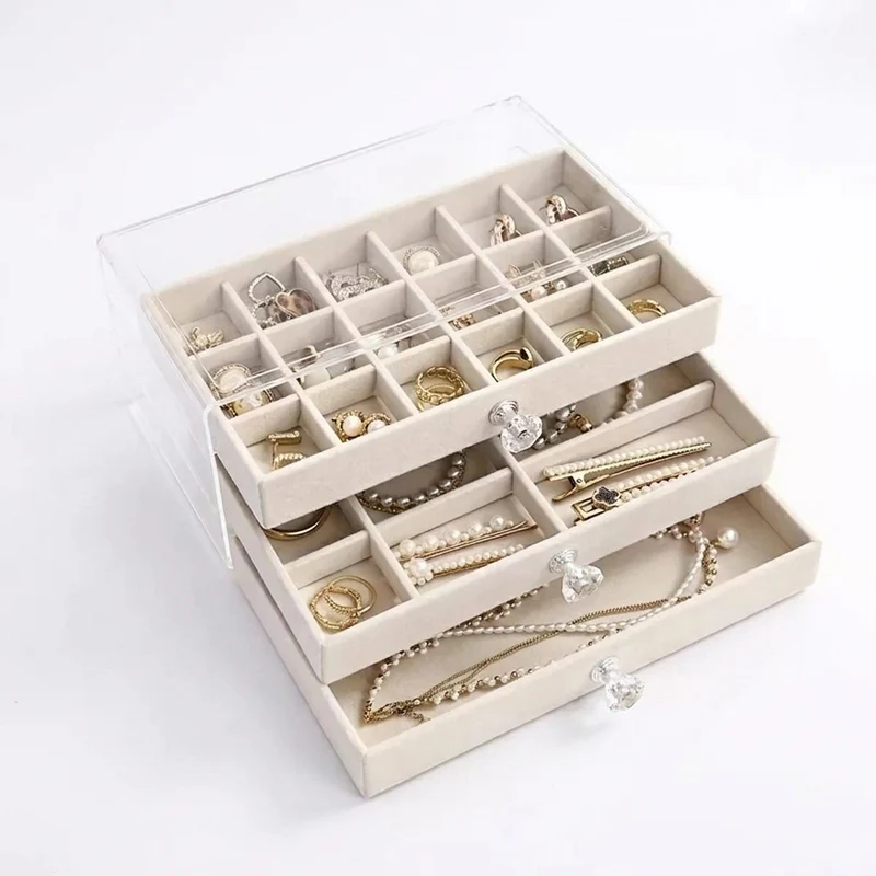 3-Layer Drawer Jewellery Box — Beige or Grey, Plastic Organiser
