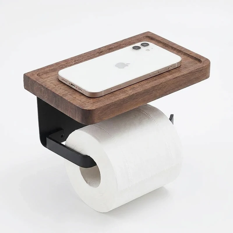 Wooden Toilet Roll Holder with Shelf — Wall-mounted, Rustproof Matt Black