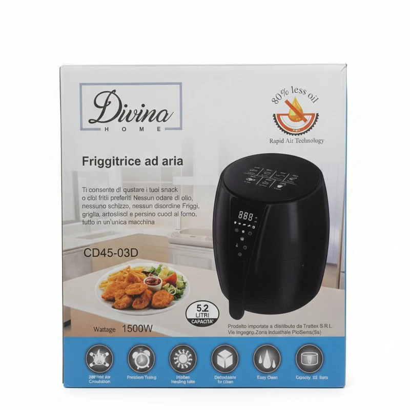 Divina Home Friggitrice ad Aria Digitale 5.2 Litri – Potenza 1400W – 7 Programmi Preimpostati – Cucina Sana Senza Olio – Display Touch LED