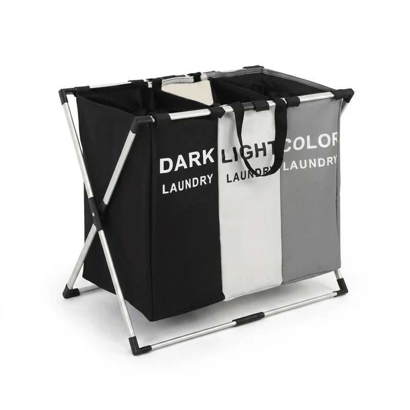 Foldable Laundry Basket with Aluminium Frame & 600D Oxford Fabric — 3‑Grid Large Capacity
