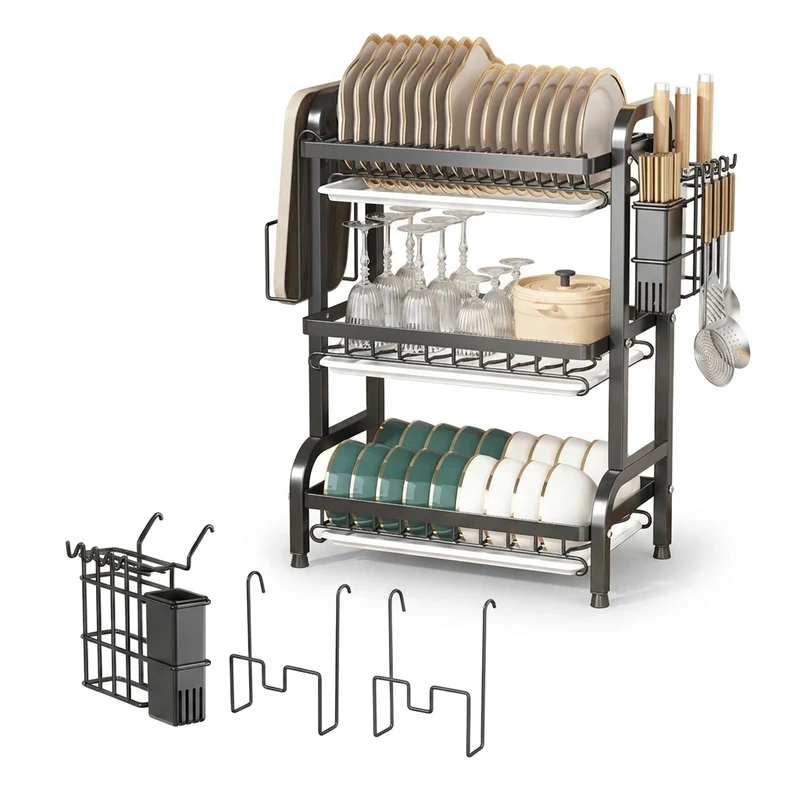 2/3-Tier Stainless Steel Dish Rack with Utensil Holder — Compact Rustproof Countertop Drainer