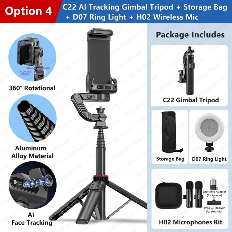 C22 AI Face-Tracking Handheld Gimbal Stabiliser — 3‑in‑1 Selfie Stick & Tripod for Smartphones