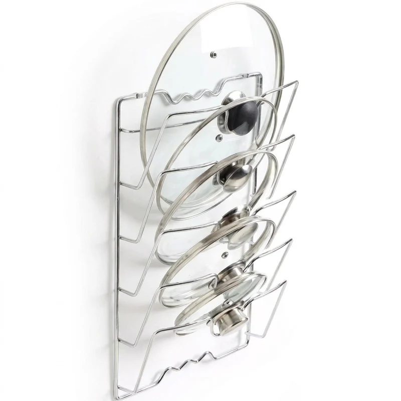 Five-Layer Wall-Mounted Pot Lid Rack — Iron Wire, Rust-Free, Silver