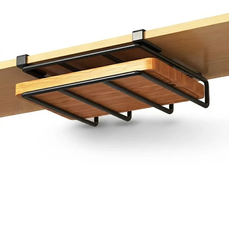 Under-Cupboard Steel Kitchen Rack with Hooks — Paper Towel, Cutting Board & Lid Holder