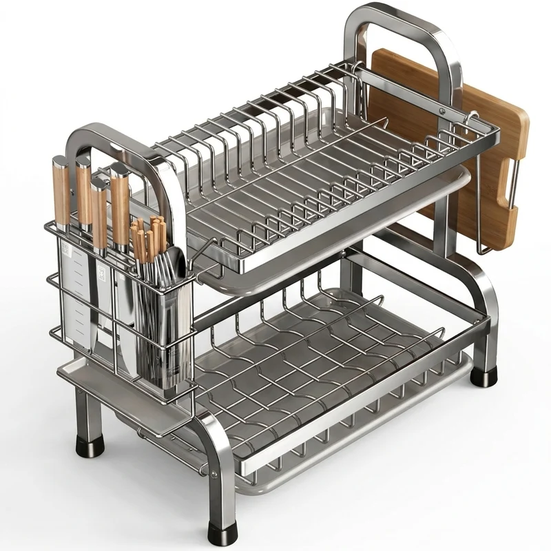 Compact Dish Drying Rack with Drainboard and Utensil Holder – Rust‑Proof Metal