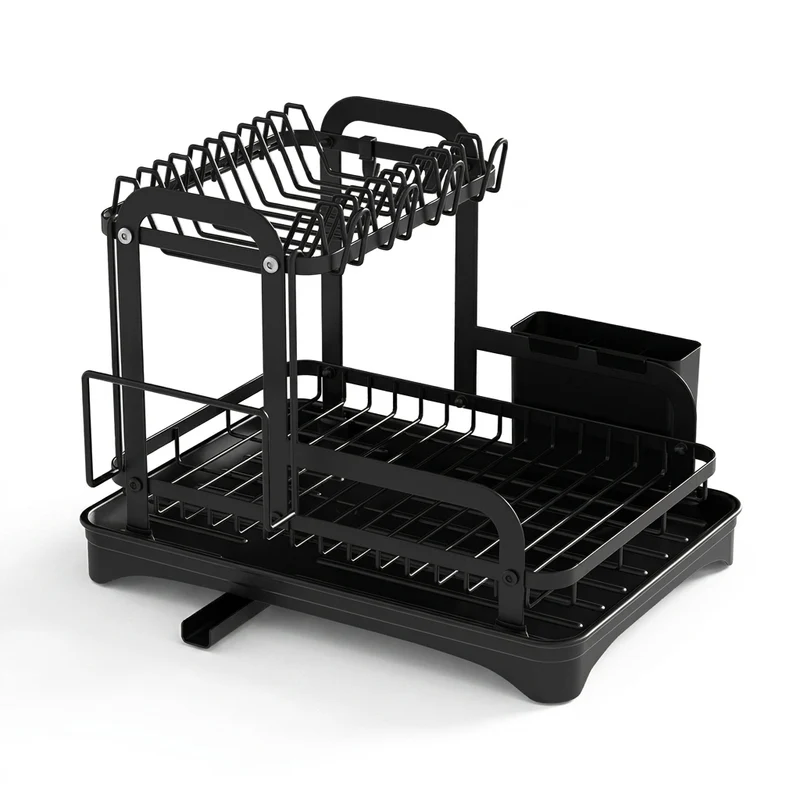 2-Tier Wrought Iron Dish Drainer with 360° Drainage & Drainboard
