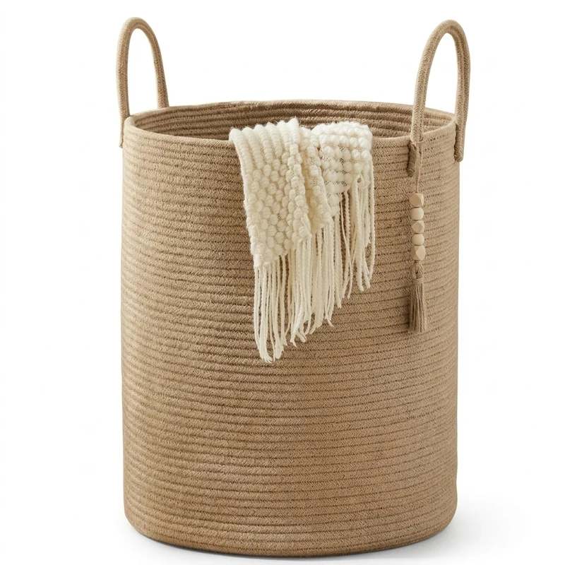 Large Tall Woven Storage Basket – Foldable Cotton Rope Laundry Hamper