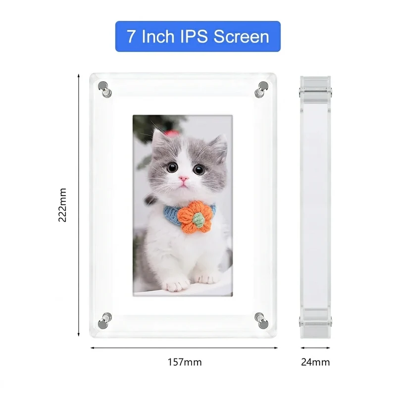 Acrylic Digital Photo Frame 5" & 7" IPS — 4GB Built‑in, Rechargeable, Auto‑Rotate