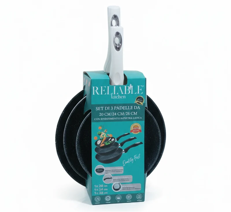 Reliable Kitchen Set 3 Padelle Antiaderenti 20/24/28 cm – Rivestimento Marmo/Pietra Lavica – Manico Soft Touch – Adatte a Induzione