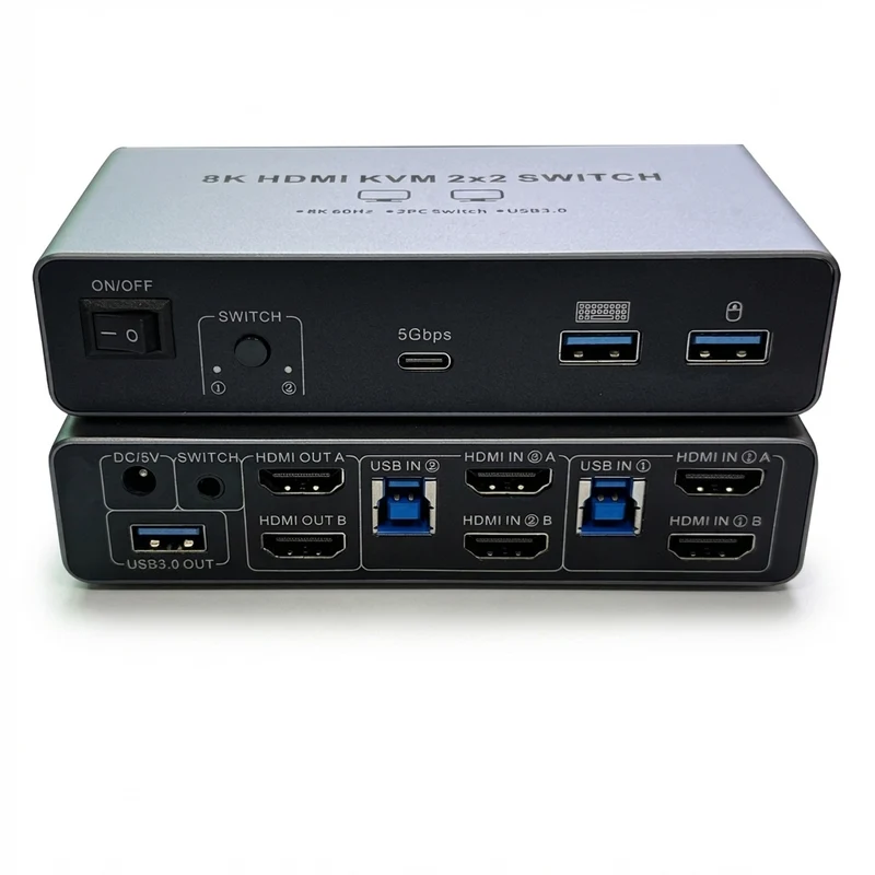 Dual‑Monitor HDMI 2.1 KVM Switch 2x2 — HDMI 2.1 or HDMI + DisplayPort 1.4 — 8K@60Hz / 4K@120Hz
