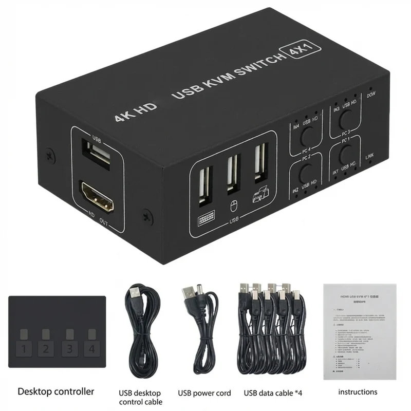 4-Port HDMI KVM Switch 4-in-1 — 4K@60Hz with Desktop Controller, Share Monitor, Keyboard & Mouse