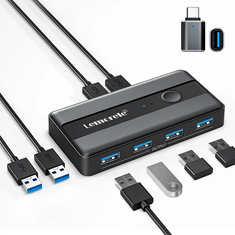 USB 3.0 KVM Switcher — 2 PC Inputs, 4 USB Outputs for Printers & Peripherals