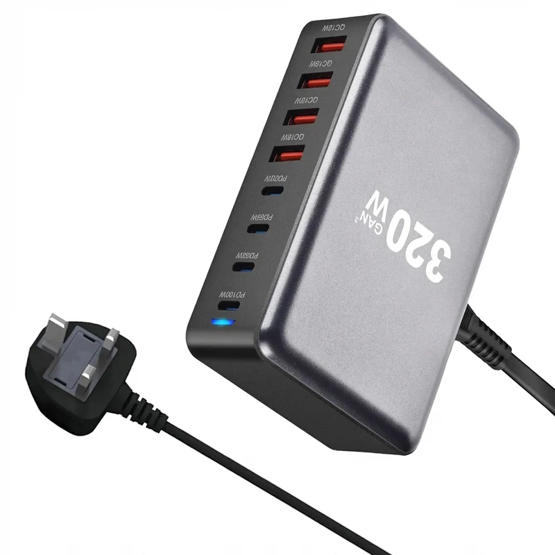 320W GaN Desktop Charger — 8‑Port USB‑C & USB‑A PD Station (Model 4C4A)