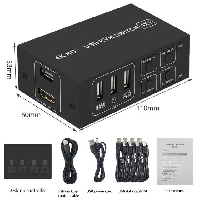 4 Port HDMI KVM Switch 4 in 1 out 4K 60Hz HDMI USB Switch Selector with Desktop Controller for 4 PC Share Monitor Mouse Keyboard