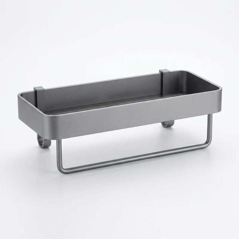 No‑drill aluminium shower caddy with towel rod option — single or double