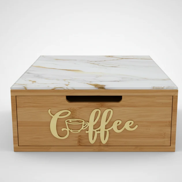Giardini di Marzo Portacialde e Capsule Coffee – Cassetto in Bambù, Top Effetto Marmo Gold/Grigio, 33x27x10 cm