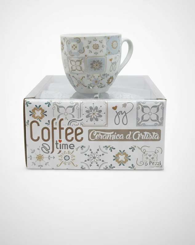 Set 6 Tazzine Caffè Excel Ceramic - Ceramica d'Artista | Decorazione Mattonelle Floreali Bianco/Oro | Collezione Coffee Time | Stile Mediterraneo Elegante