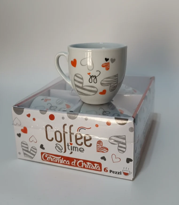Set 6 Tazzine Caffè Excel Ceramic - Ceramica d'Artista | Decoro Cuori Shabby Chic | Collezione Coffee Time | Idea Regalo per Amanti del Caffè