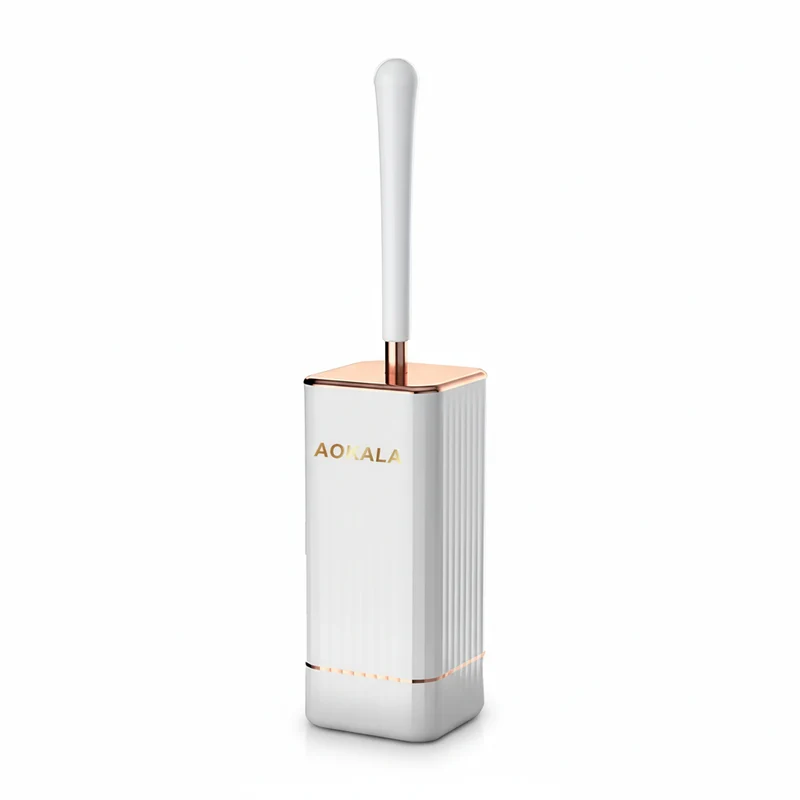 Aokala Silicone Toilet Brush & Holder — 40cm Long Handle, Wall or Floor Mount, Black or White with Rose Gold Trim