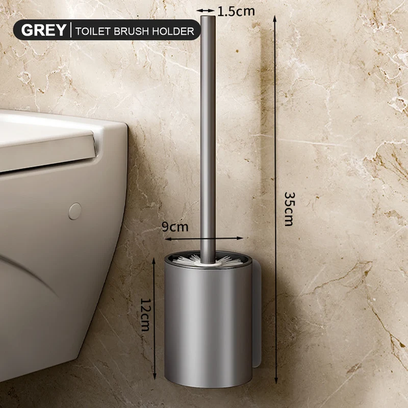 Long‑Handle Aluminium Toilet Brush with Wall‑Mounted Holder — Grey or Black