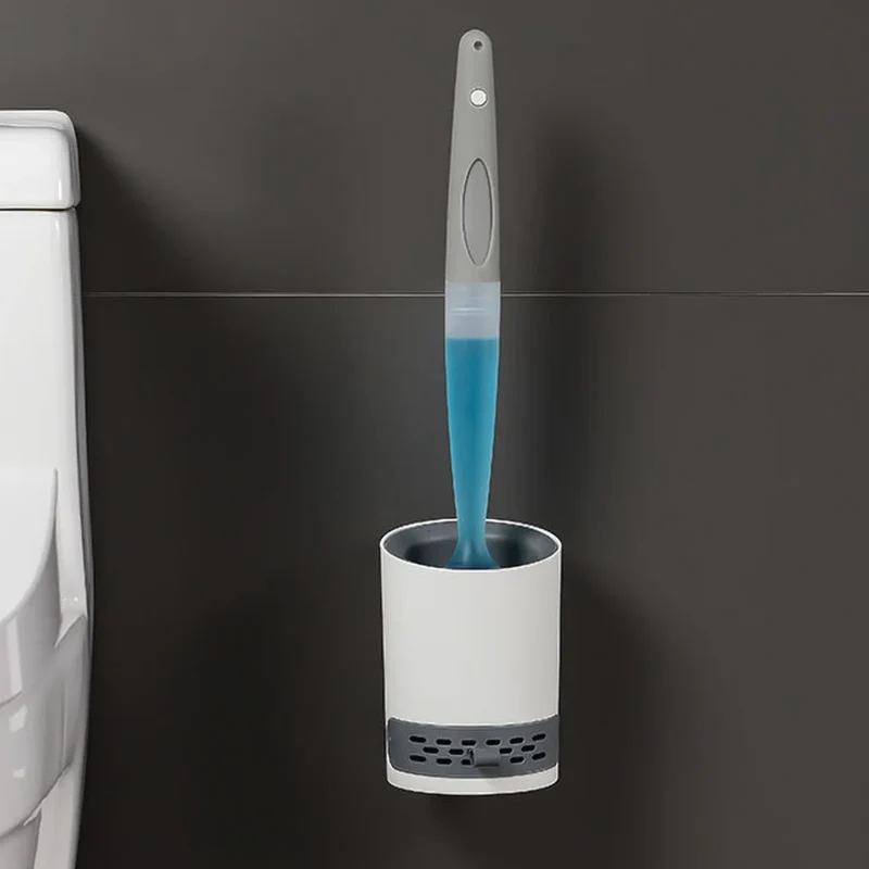 Refillable Detergent Toilet Brush Set — Wall-Mounted Silicone TPR Brush with Holder