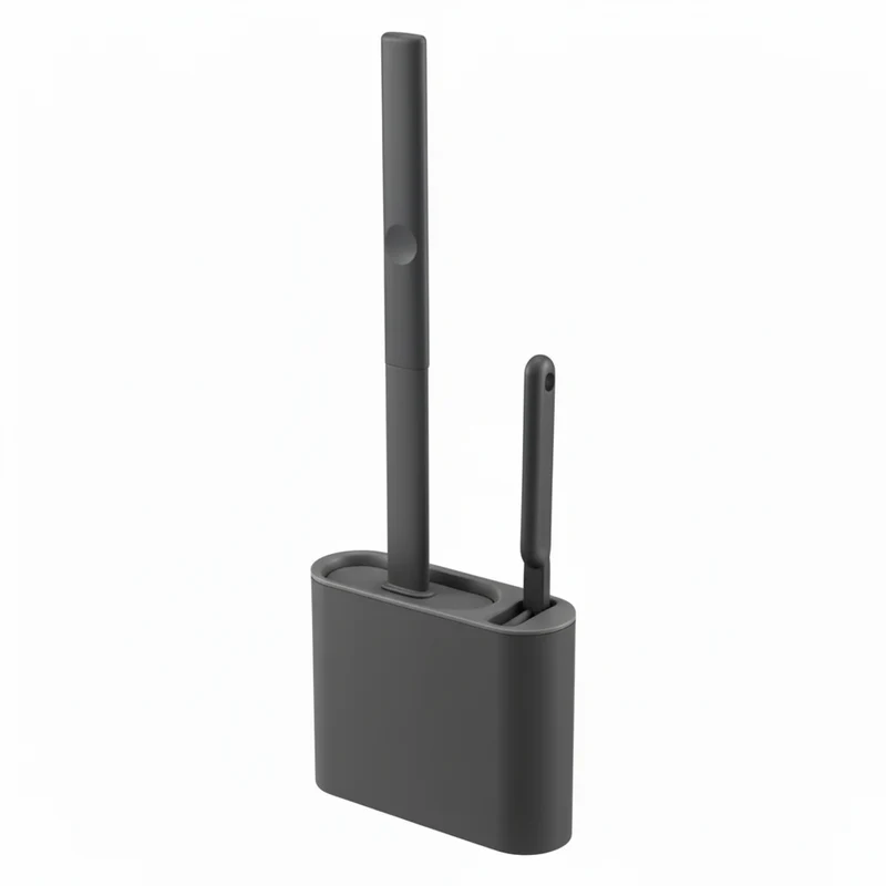Silicone Toilet Brush with Flat Flexible Head and Wall-Mounted Holder — Dark Grey