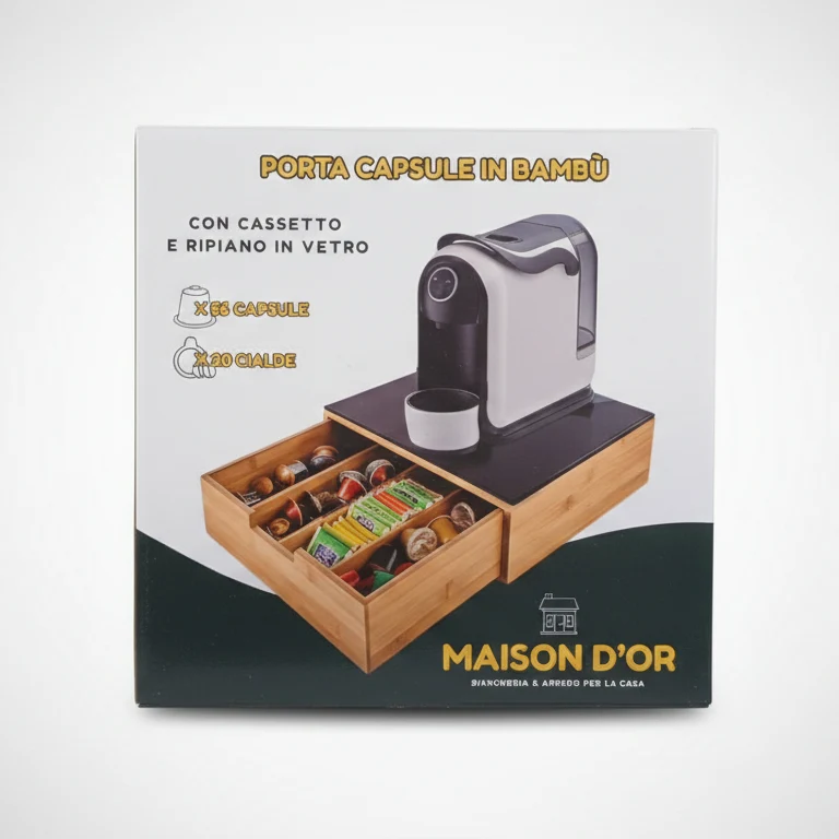 Maison D'OR Porta Capsule e Cialde in Bambù 30x30x10 cm | Organizer 4 Scomparti con Ripiano in Vetro | Base per Macchina Caffè | Capacità 56 Capsule o 20 Cialde
