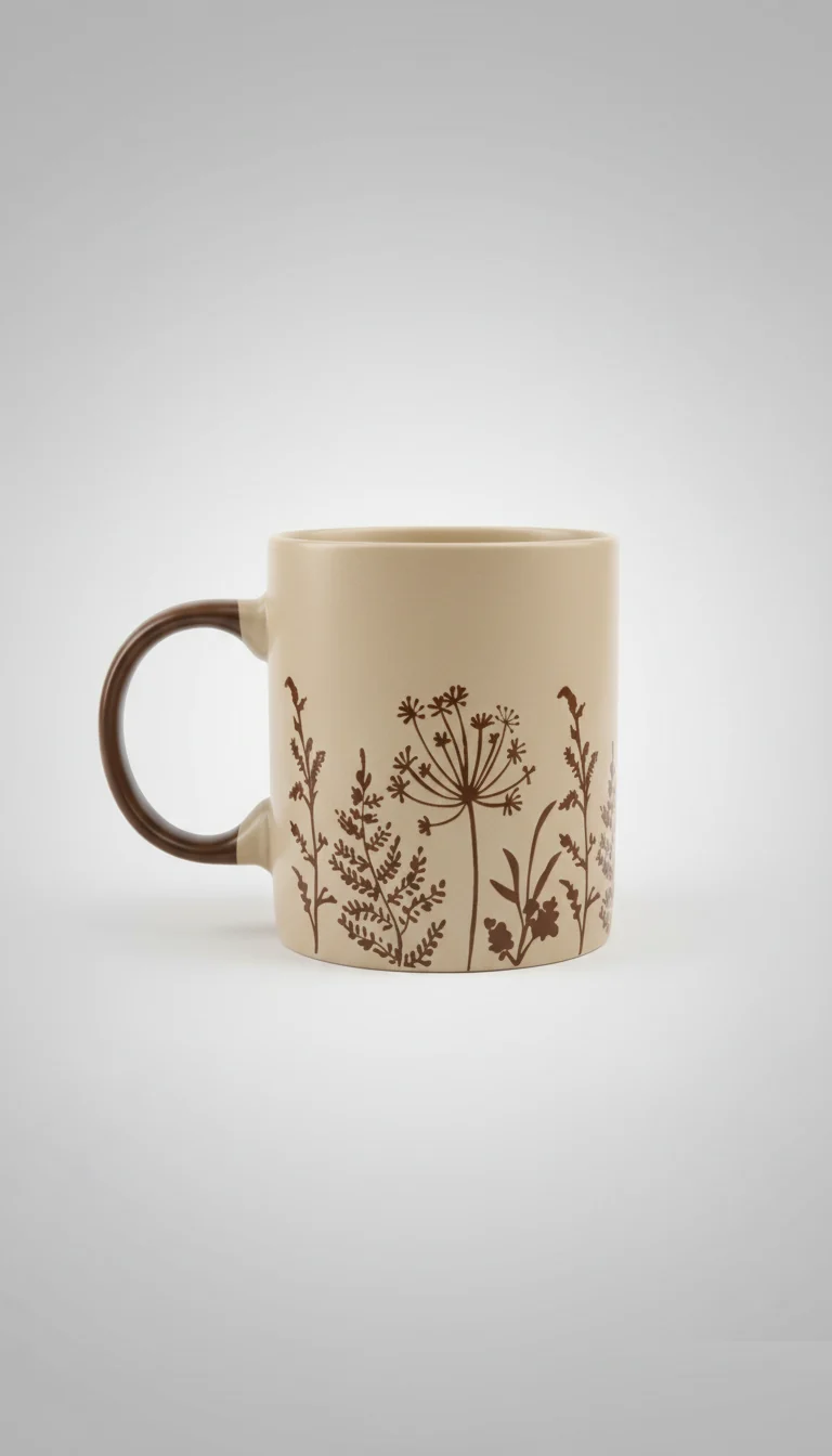 Tazza Mug in Porcellana Opaca 340 ml | Design Floreale Rustico Inciso | Manico a Contrasto Marrone | Stile Natural Chic