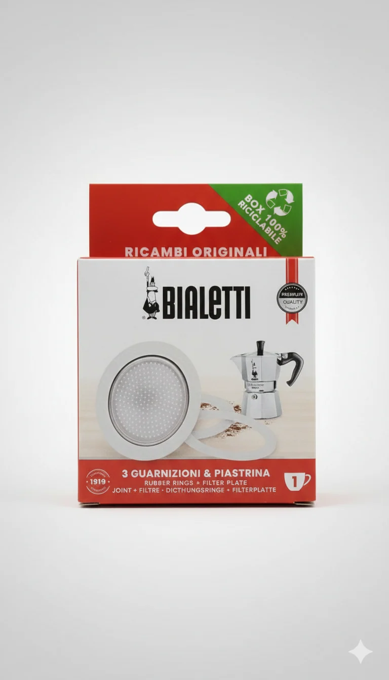 Bialetti Ricambi Originali Kit 3 Guarnizioni e 1 Piastrina Filtro – Per Moka Express e Brikka – Disponibili per 1, 2, 3/4 e 6 Tazze