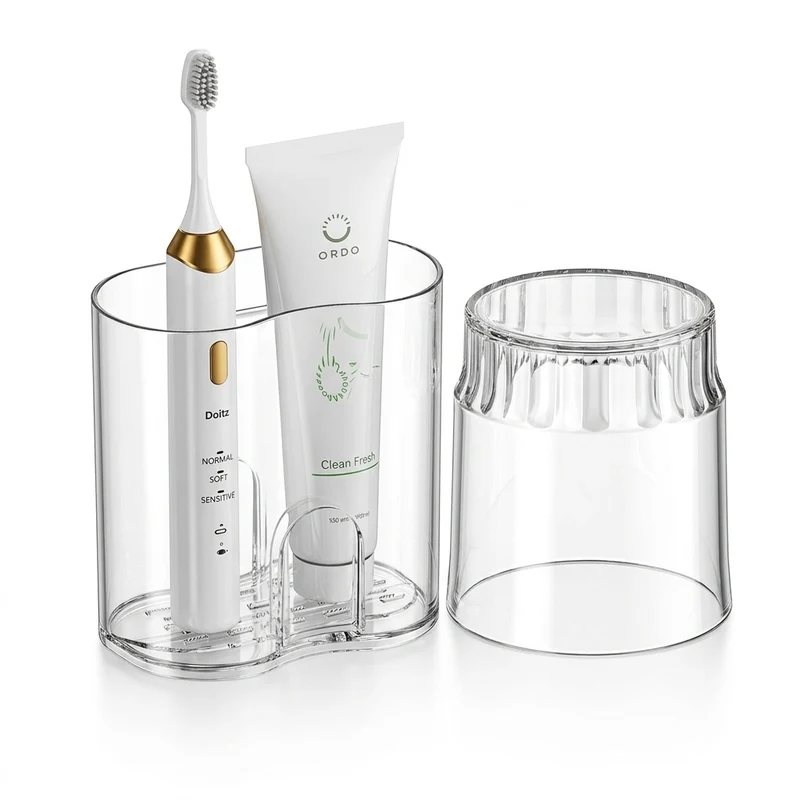 2 Sets Wall-Mounted Toothbrush Holders with Mouthwash Cups — Plastic Bathroom Storage