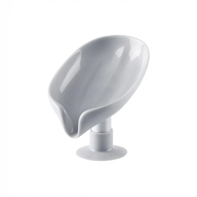Leaf-Shaped Drain Soap Holder with Suction Cup – Grey Soap Box & Drying Rack (1pc)