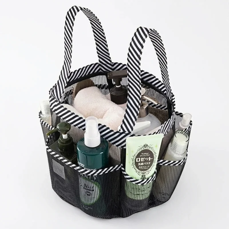 Mesh Shower Caddy Tote – Portable Bathroom & College Organiser, 8-pocket, Oxford Handles, Black