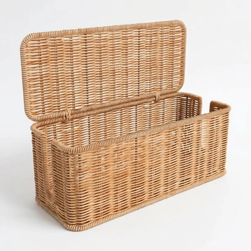 Rattan Cable Management Box – Hand‑woven Cord Organiser, 2‑Slot, Large Capacity (Khaki)