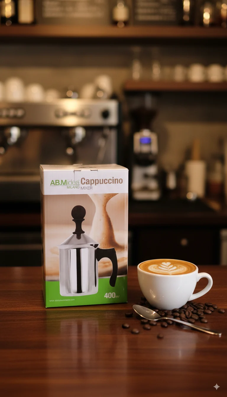 AB.M Idea Cappuccino Mixer Manuale 400ml | Montalatte in Acciaio Inox per Schiuma Professionale | Schiumalatte a Pressione Senza Batterie | Design Compatto