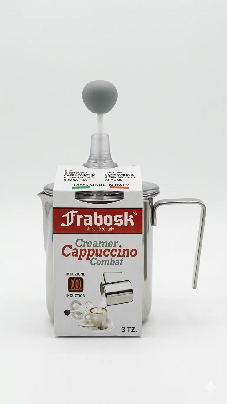 Frabosk Creamer Cappuccino COMBAT | Montalatte Manuale 3 Tazze in Acciaio Inox | Cappuccinatore da Fornello INDUZIONE | Coperchio in Policarbonato