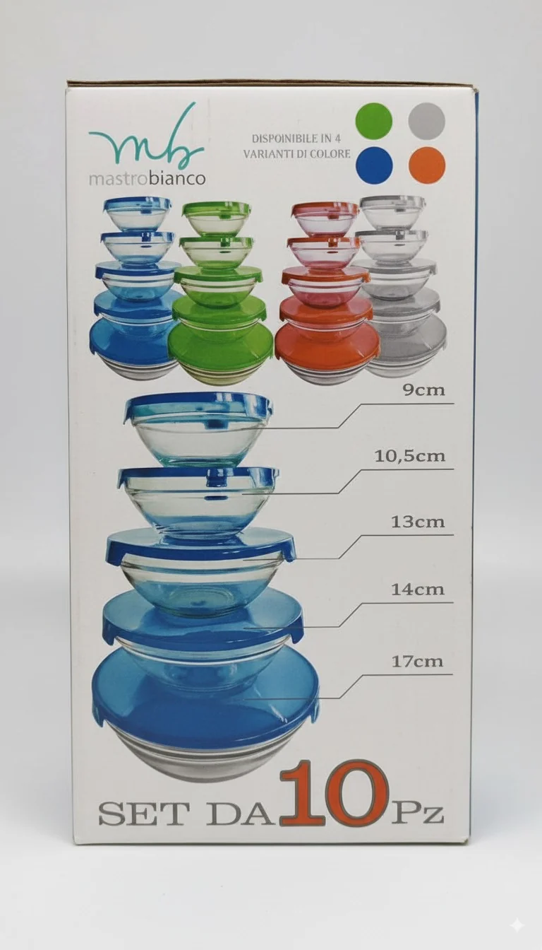 Set 10 Pezzi Ciotole in Vetro Mastrobianco con Coperchio | Vetro Termoresistente per Forno e Microonde | Conservazione Frigo e Freezer | 5 Dimensioni Salvaspazio