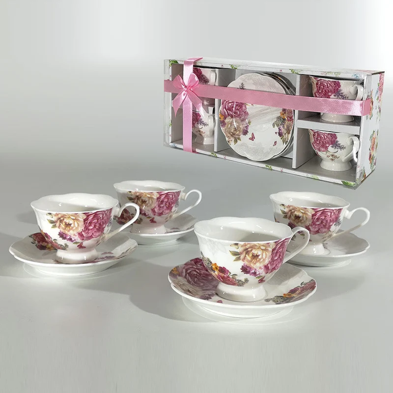 Box Regalo Romantic 4 Tazze da Tè con Piattino in Ceramica Decorata 20 cl – Set Elegante Floreale