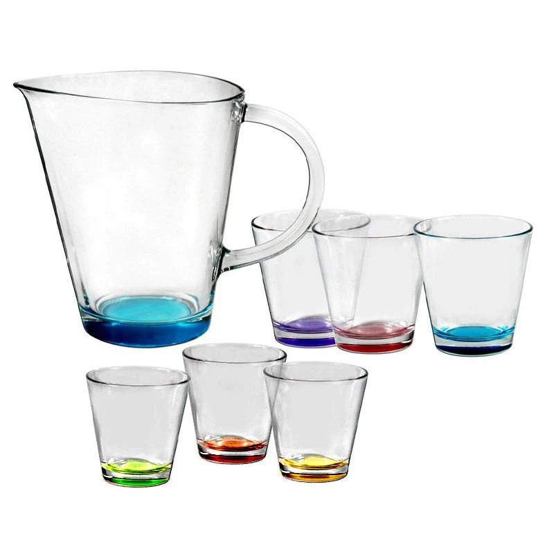Workshop City Set 7 Pezzi in Vetro | Caraffa 1,3L + 6 Bicchieri Tumbler 250ml con Fondo Colorato | Kit Servizio Acqua e Succhi | Design Moderno e Vivace