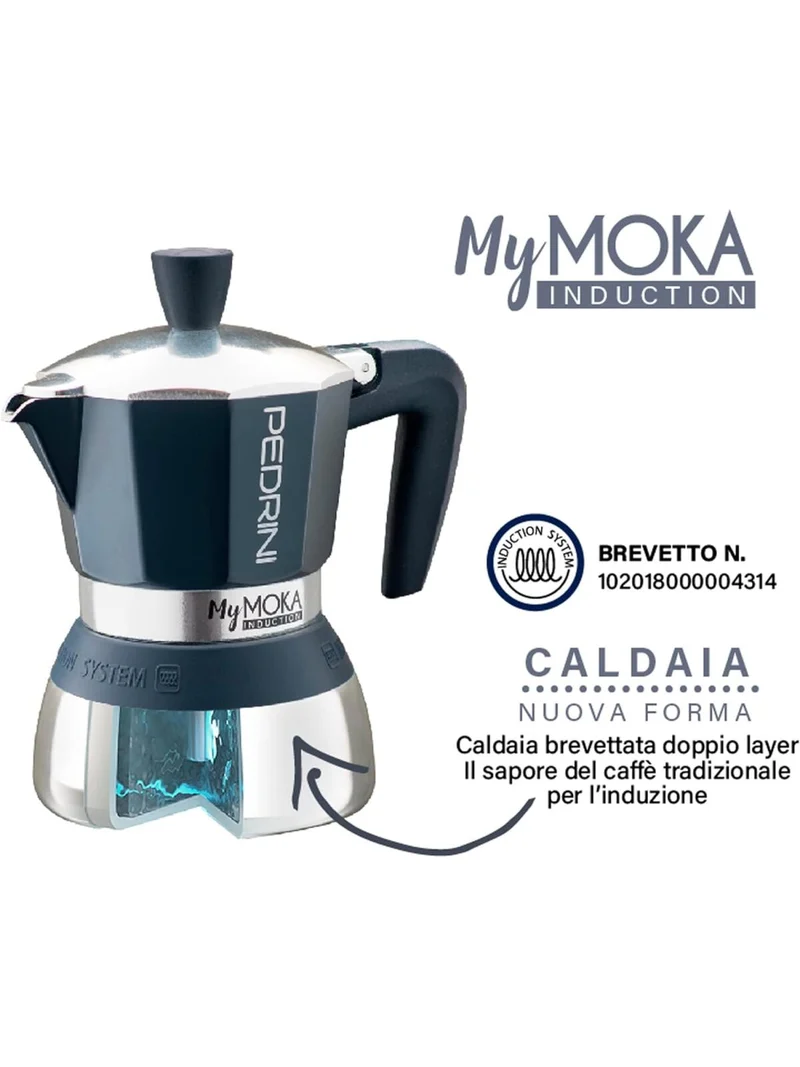 Pedrini MyMoka Induction | Caffettiera Moka 2 Tazze per Induzione | Caldaia Brevettata Doppio Strato | Design Tradizionale ed Evoluto