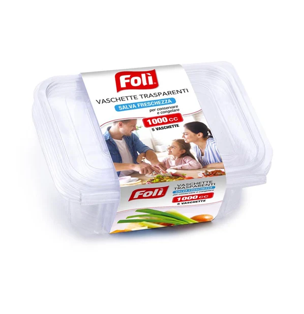 Foli Set 5 Contenitori Salvafreschezza in PET con Coperchio | Varie Misure 250-1000cc | Trasparenti e Impilabili
