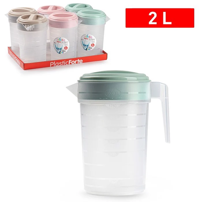 PlasticForte Caraffa Graduata 2 Litri in Polimero Alimentare con Tappo Colorato Ergo-Lock – Scala di Misurazione Millimetrata Anti-Goccia per Dosaggio Liquidi e Preparazioni