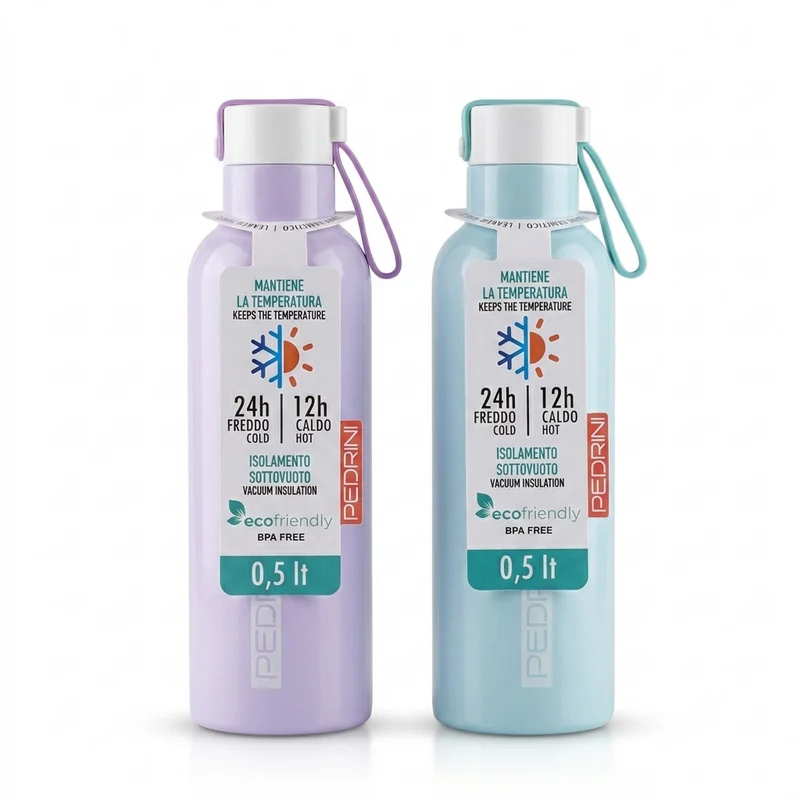 Pedrini Bottiglia Termica 500ml Acciaio Inox 18/8 – Isolamento Sottovuoto 24h Freddo 12h Caldo Tappo Ermetico