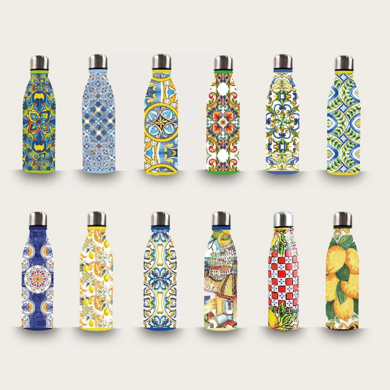ARCA Bottiglia Termica 500ml in Acciaio Inox | Borraccia Decorata Maioliche e Limoni | Mantiene Caldo 10h e Freddo 16h