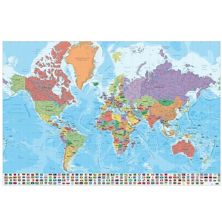 Maxi Poster (Mappamondo Cartina Geografica Gigante) Planisfero con Bandiere del Mondo Editato in Italiano 91x61 cm Incorniciabile da Muro Scuola Ufficio