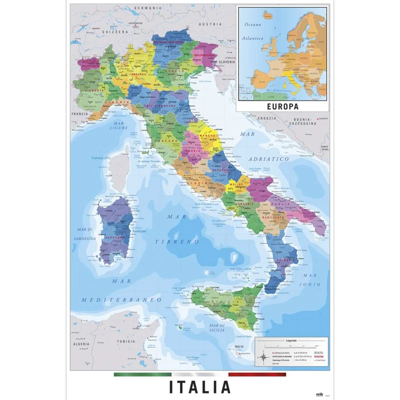 Maxi Poster (Cartina Geografica Italia Gigante) 91x61 cm Incorniciabile (Include Mini Mappa dell'Europa) da Muro Scuola Casa Ufficio