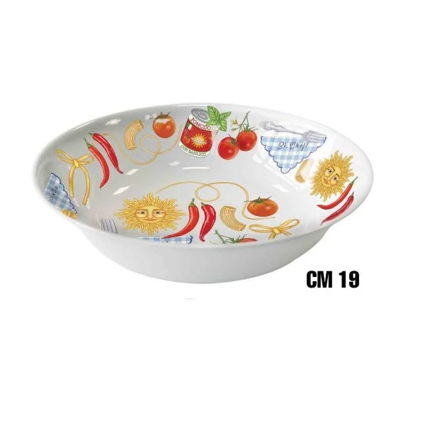 Insalatiera in melamina con decoro Mediterraneo, resistente e leggera. Disponibile in 4 diametri (19-25 cm). Perfetta per casa e ristoranti.