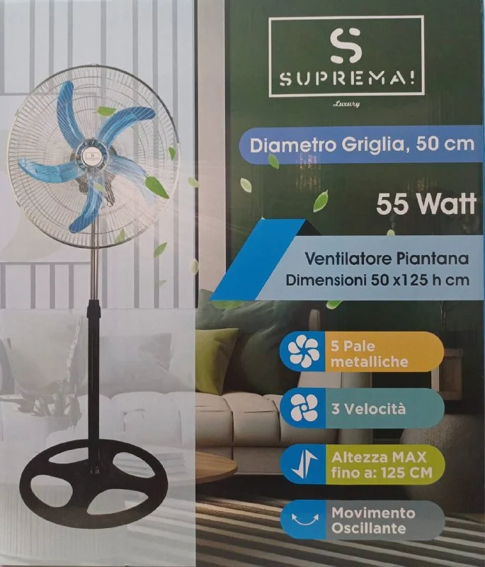 Ventilatore a Piantana con 5 Pale – Altezza Regolabile, 3 Velocità, Oscillazione Silenziosa